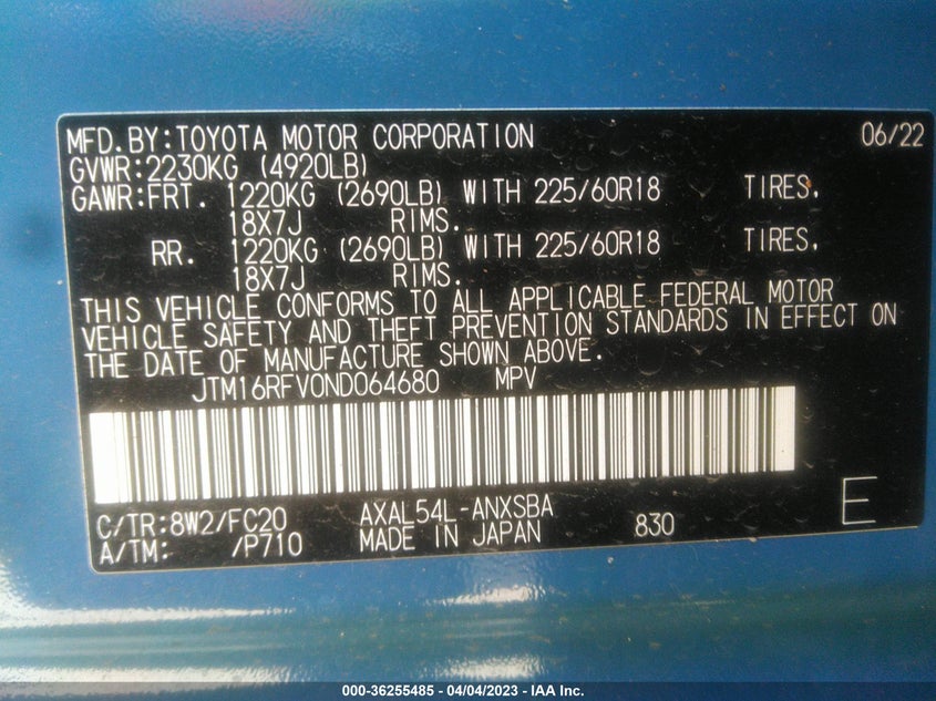VIN JTM16RFV0ND064680 2022 TOYOTA RAV4 HYBRID SE