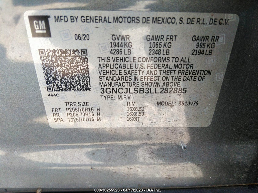 VIN 3GNCJLSB3LL282885 2020 CHEVROLET TRAX LT