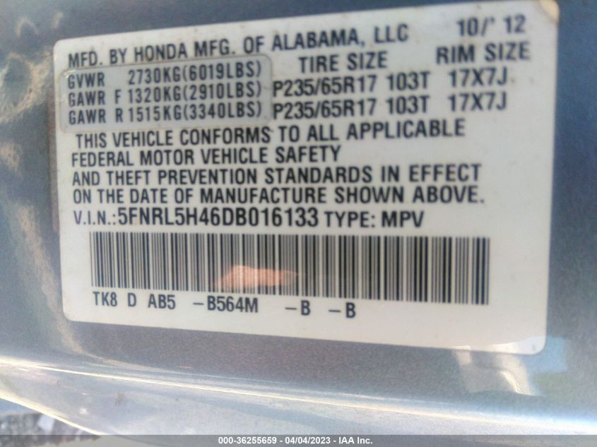 2013 HONDA ODYSSEY EX - 5FNRL5H46DB016133