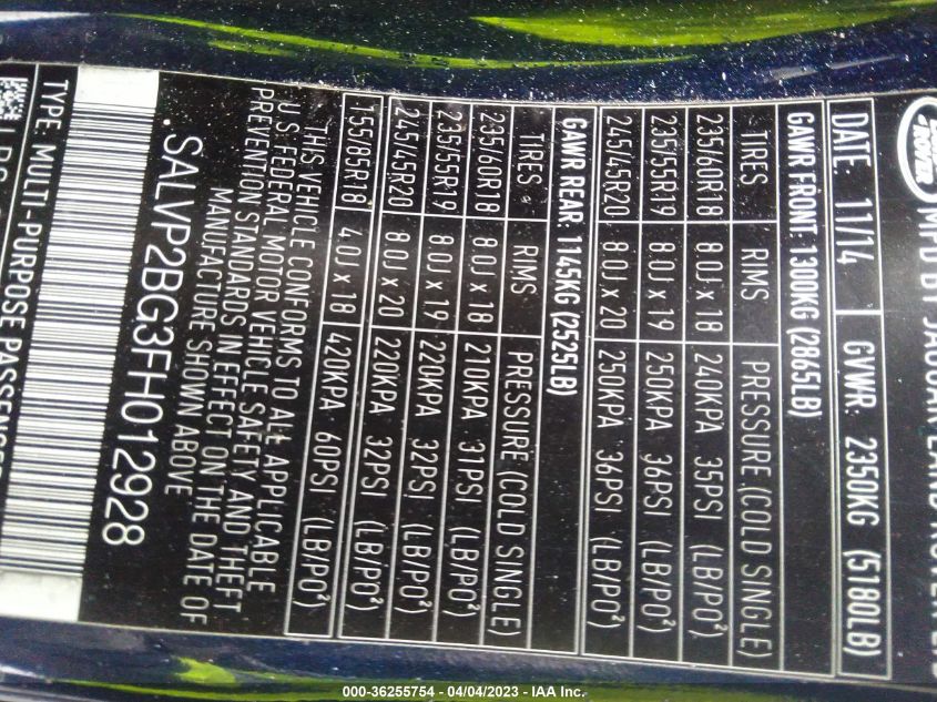 2015 LAND ROVER RANGE ROVER EVOQUE PURE PLUS - SALVP2BG3FH012928