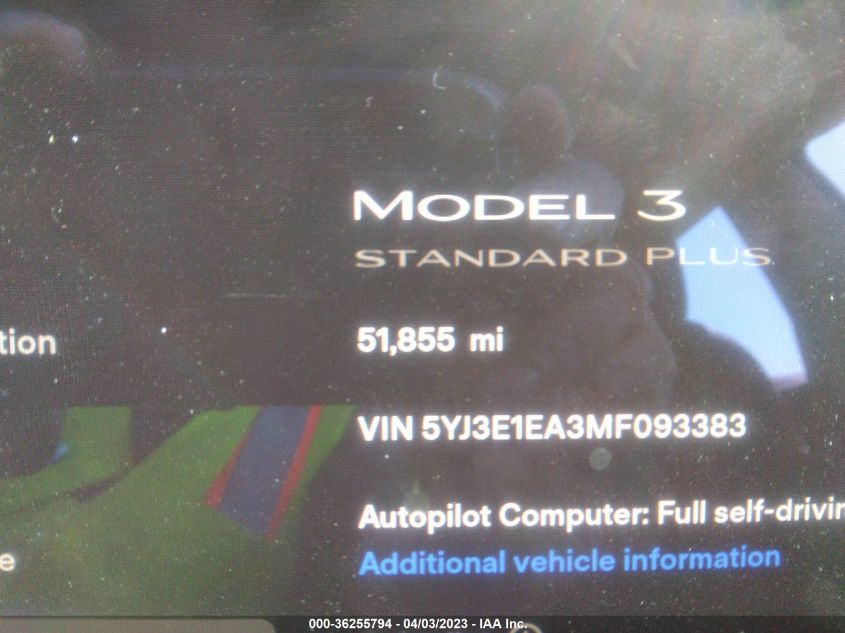 2021 TESLA MODEL 3 STANDARD RANGE PLUS - 5YJ3E1EA3MF093383