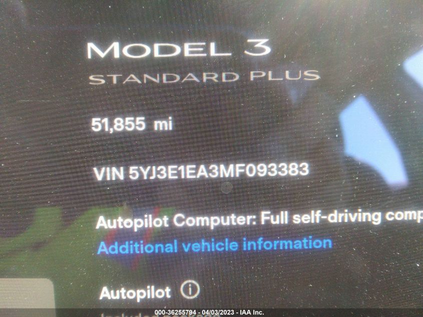 2021 TESLA MODEL 3 STANDARD RANGE PLUS - 5YJ3E1EA3MF093383