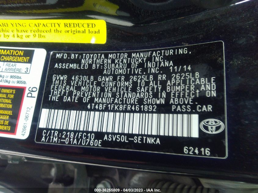 2015 TOYOTA CAMRY XLE/SE/LE/XSE - 4T4BF1FK8FR461892