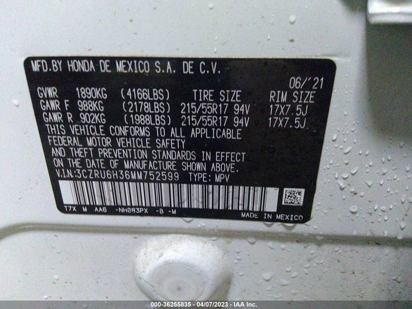 VIN 3CZRU6H36MM752599 2021 HONDA HR-V LX