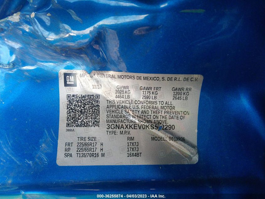 2019 CHEVROLET EQUINOX LT - 3GNAXKEV0KS562290