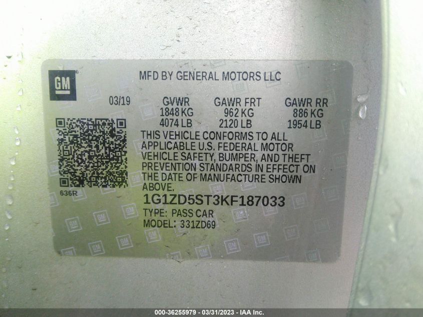 2019 CHEVROLET MALIBU LT - 1G1ZD5ST3KF187033