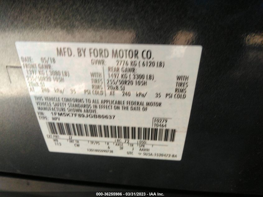 2018 FORD EXPLORER LIMITED - 1FM5K7F89JGB80637