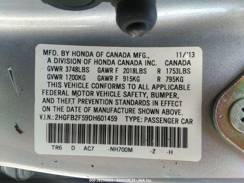 2013 HONDA CIVIC SDN LX - 2HGFB2F59DH601459