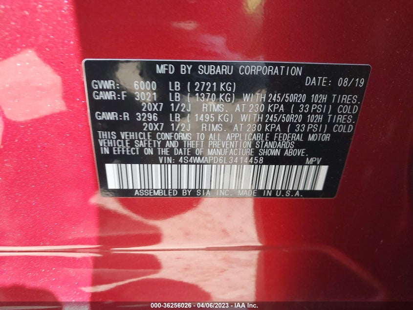 VIN 4S4WMAPD6L3414458 2020 SUBARU ASCENT LIMITED