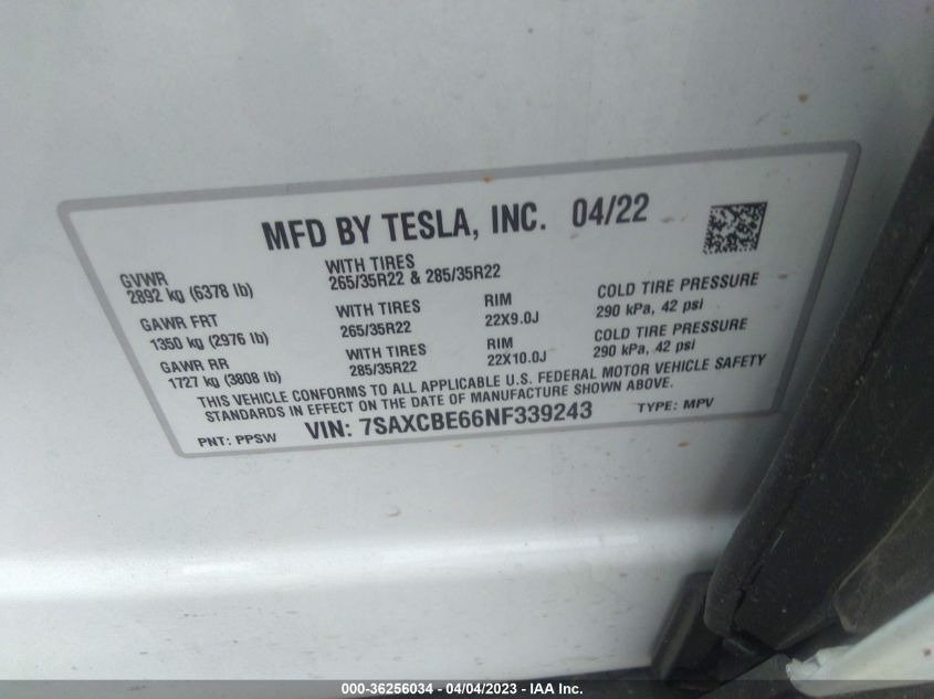 2022 TESLA MODEL X PLAID - 7SAXCBE66NF339243