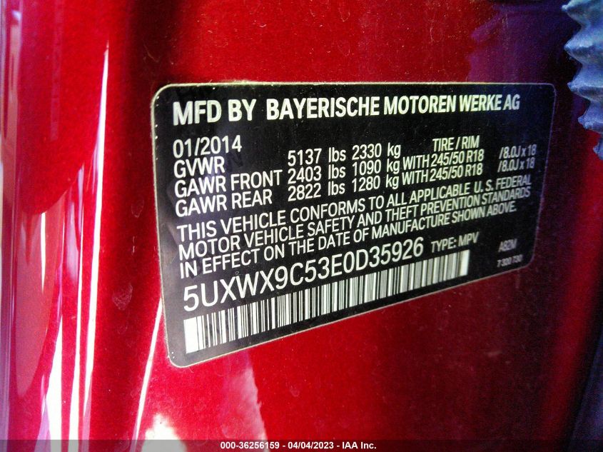 2014 BMW X3 XDRIVE28I - 5UXWX9C53E0D35926