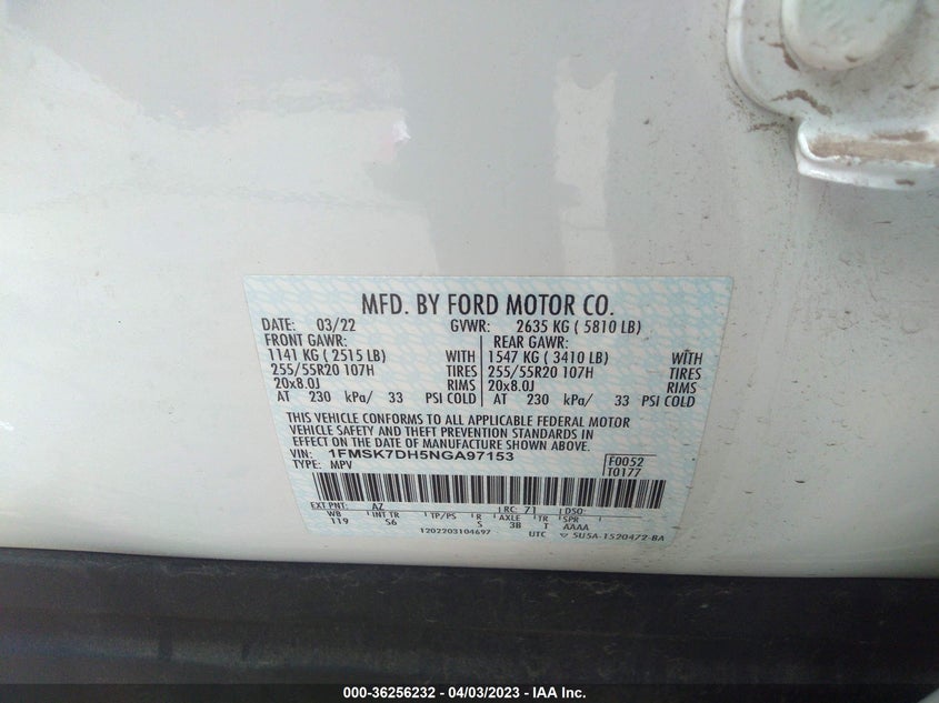 VIN 1FMSK7DH5NGA97153 2022 FORD EXPLORER XLT