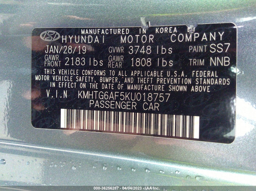 VIN KMHTG6AF5KU018757 2019 HYUNDAI VELOSTER 2.0