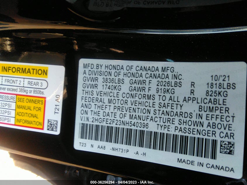 VIN 2HGFE2F23NH540396 2022 HONDA CIVIC SEDAN LX
