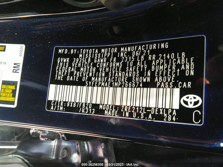 VIN 5YFEPMAE1MP266674 2021 TOYOTA COROLLA LE