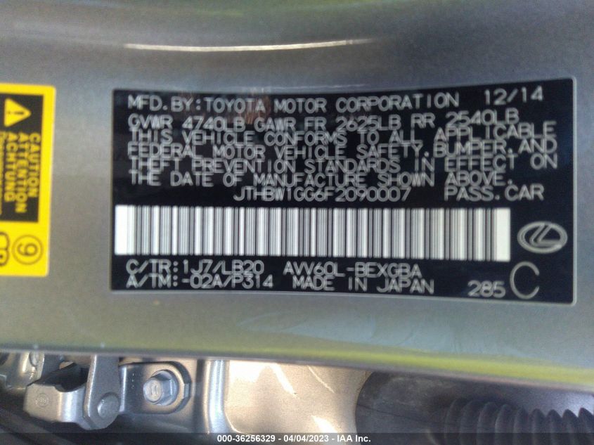 2015 LEXUS ES 300H HYBRID - JTHBW1GG6F2090007