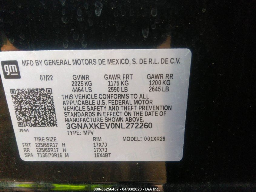 2022 CHEVROLET EQUINOX LT - 3GNAXKEV0NL272260