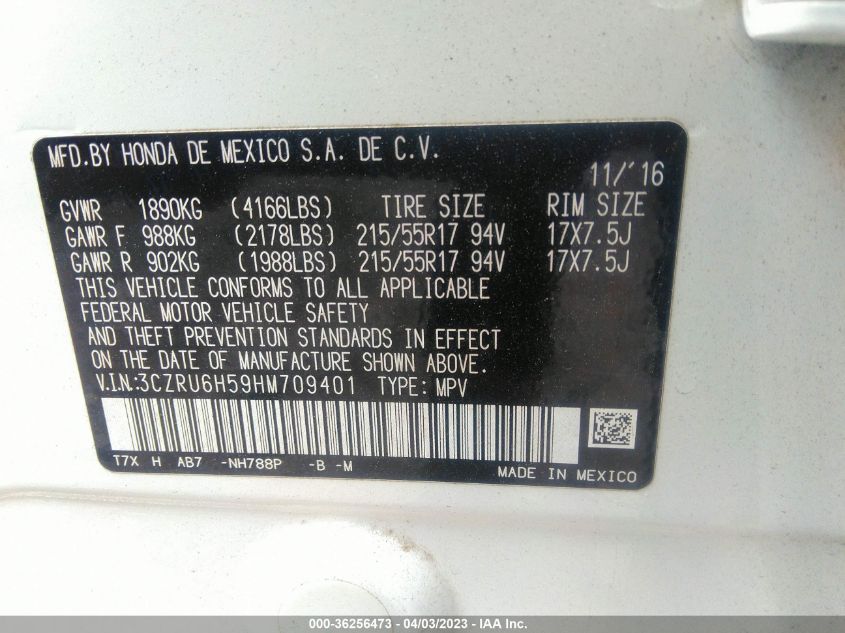 2017 HONDA HR-V EX - 3CZRU6H59HM709401