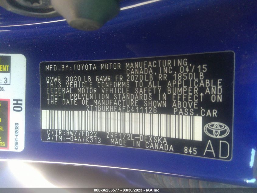 2015 TOYOTA COROLLA L/LE/S/S PLUS/LE PLUS - 2T1BURHE4FC411126