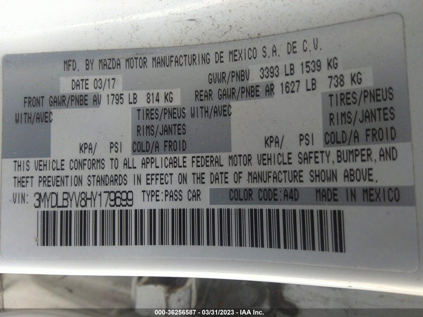 VIN 3MYDLBYV8HY179699 2017 TOYOTA YARIS IA