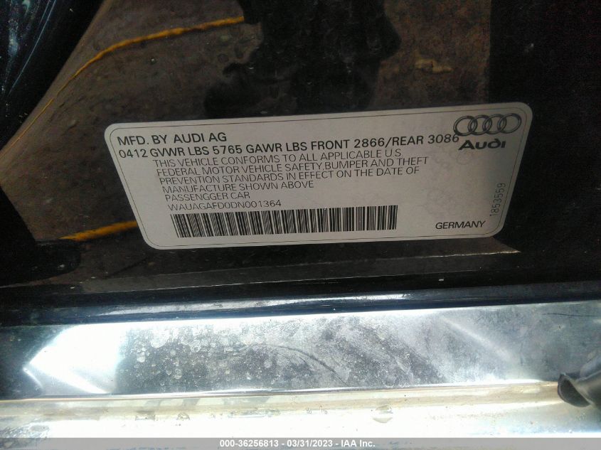 2013 AUDI A8 3.0L WAUAGAFD0DN001364