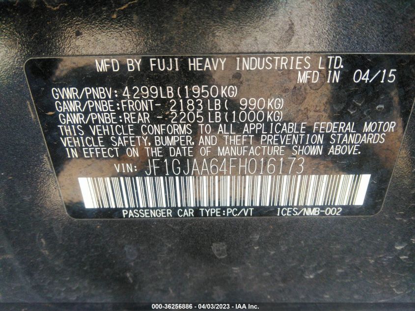 2015 SUBARU IMPREZA SEDAN JF1GJAA64FH016173