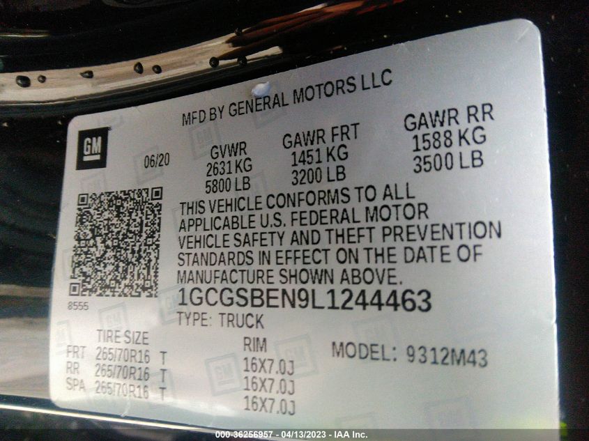 2020 CHEVROLET COLORADO 2WD WORK TRUCK - 1GCGSBEN9L1244463