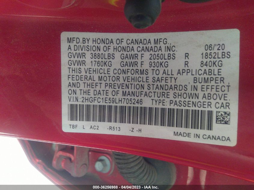 2020 HONDA CIVIC SI SEDAN 2HGFC1E59LH705246