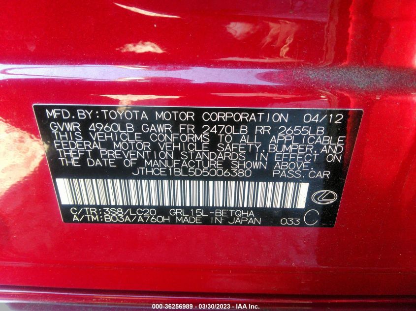 2013 LEXUS GS 350 - JTHCE1BL5D5006380