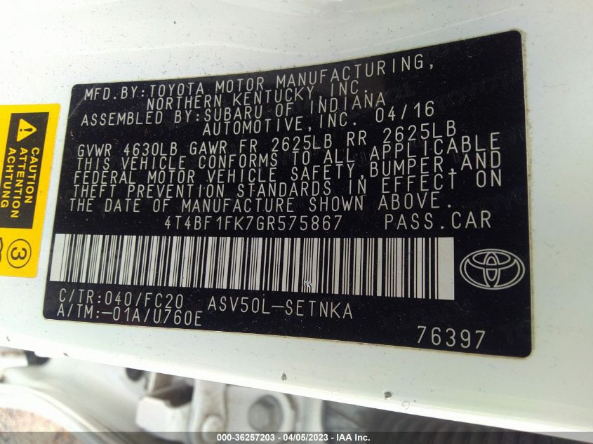2016 TOYOTA CAMRY XLE/SE/LE/XSE - 4T4BF1FK7GR575867