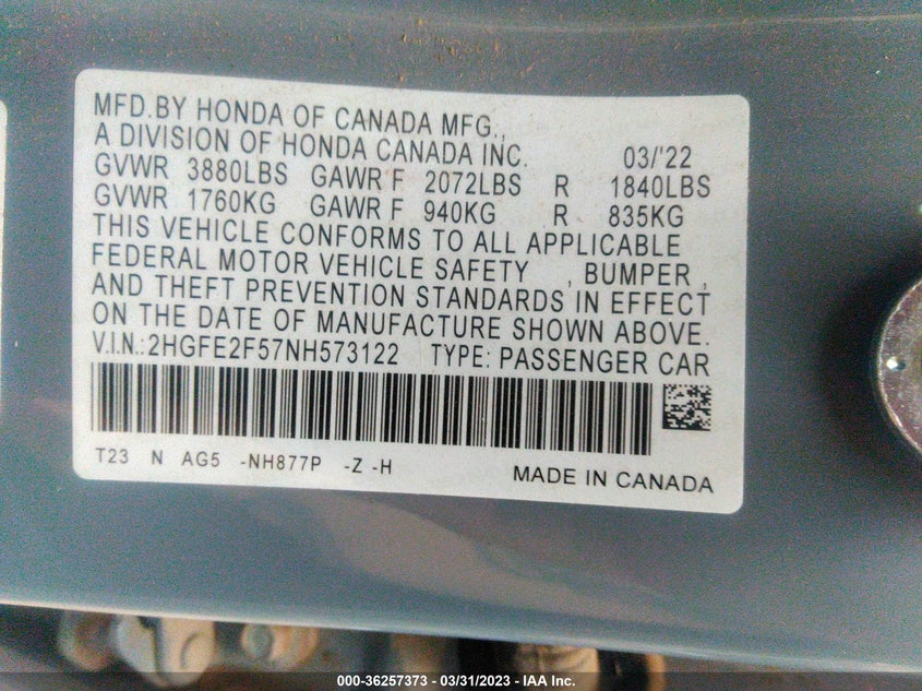 VIN 2HGFE2F57NH573122 2022 HONDA CIVIC SEDAN SPORT
