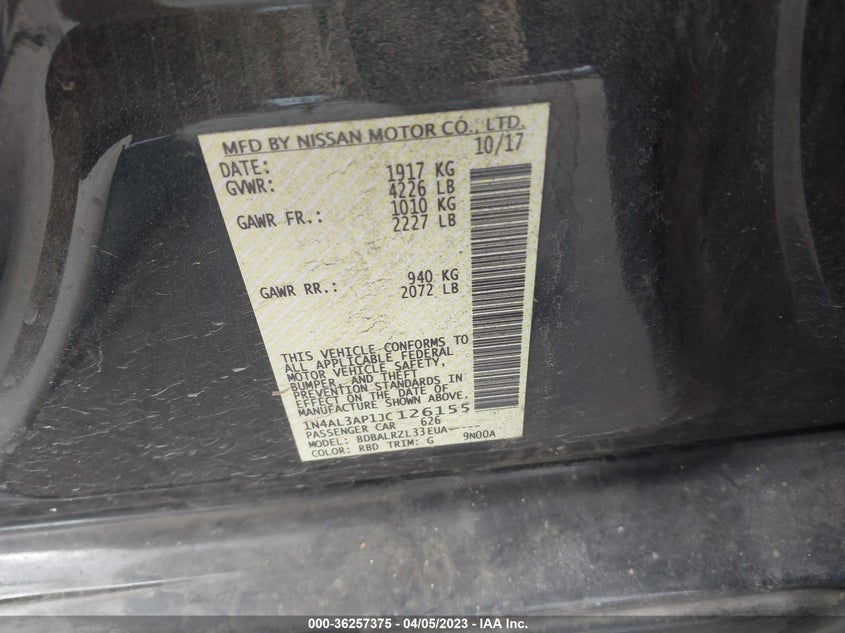 VIN 1N4AL3AP1JC126155 2018 NISSAN ALTIMA 2.5 SL
