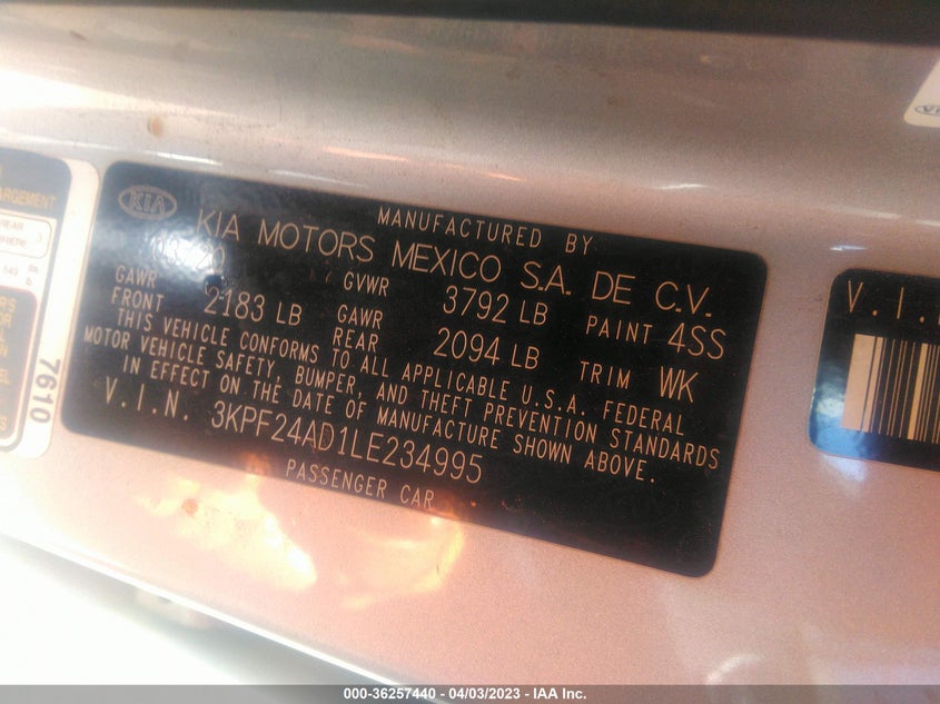 VIN 3KPF24AD1LE234995 2020 KIA FORTE LXS