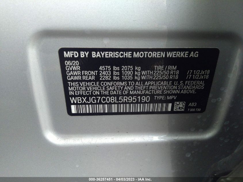 2020 BMW X1 SDRIVE28I - WBXJG7C08L5R95190