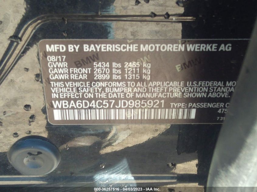 2018 BMW 6 SERIES 650I WBA6D4C57JD985921