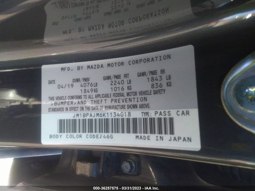 2019 MAZDA MAZDA3 HATCHBACK JM1BPAJM6K1134018