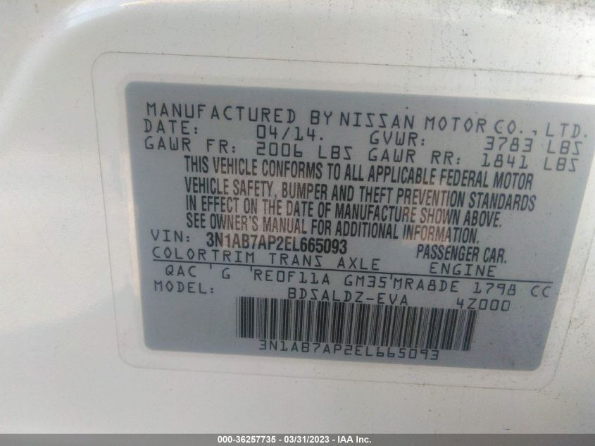 2014 NISSAN SENTRA SV - 3N1AB7AP2EL665093