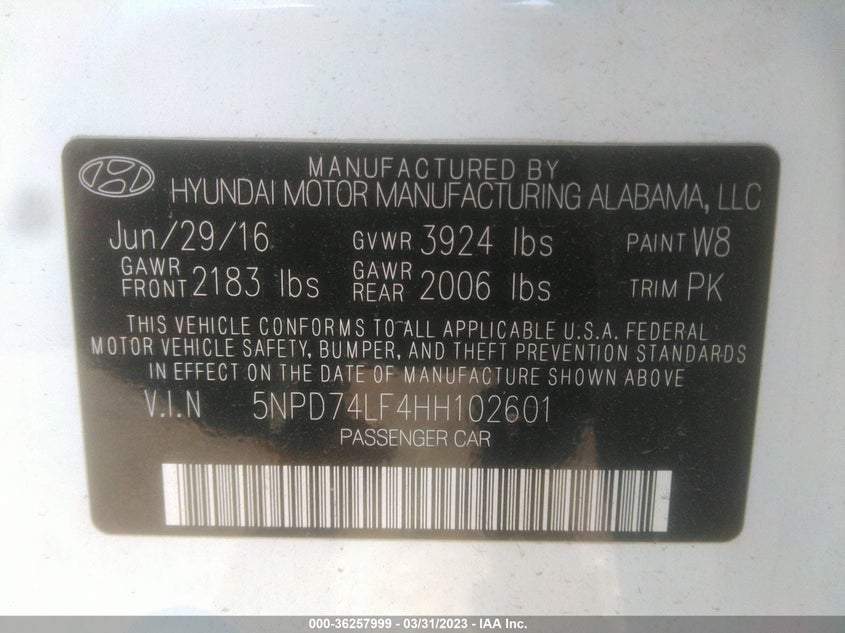 VIN 5NPD74LF4HH102601 2017 HYUNDAI ELANTRA SE