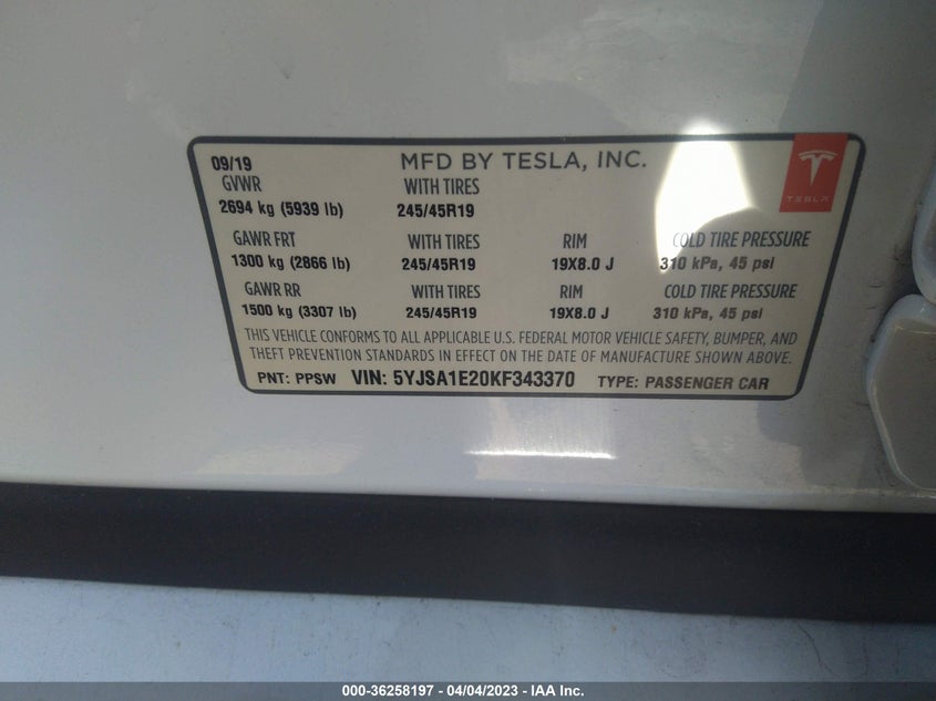 VIN 5YJSA1E20KF343370 2019 TESLA MODEL S