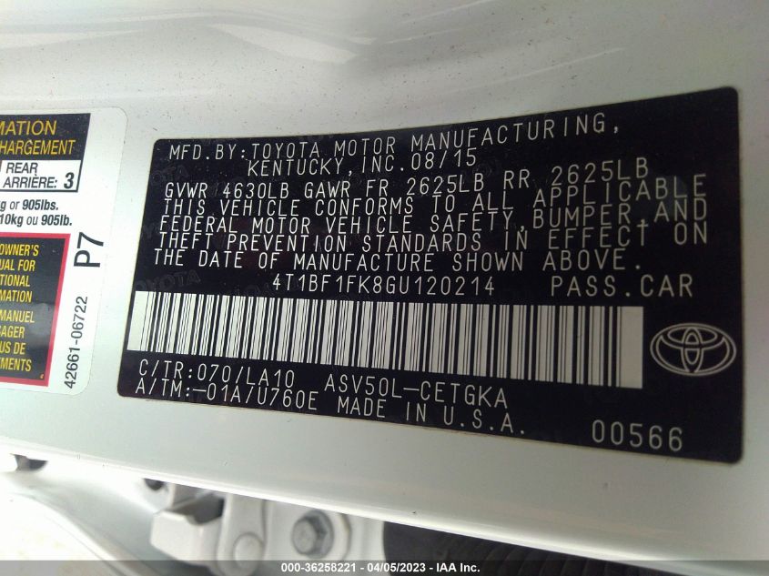 2016 TOYOTA CAMRY XLE/SE/LE/XSE - 4T1BF1FK8GU120214