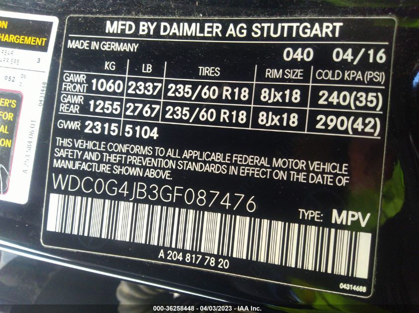 2016 MERCEDES-BENZ GLC GLC 300 - WDC0G4JB3GF087476