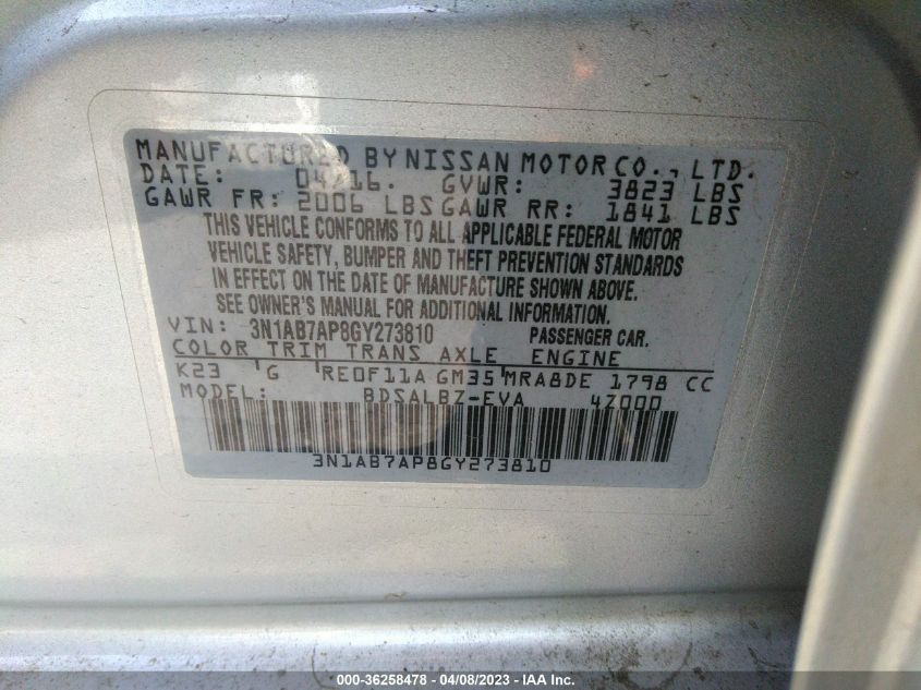 2016 NISSAN SENTRA S - 3N1AB7AP8GY273810