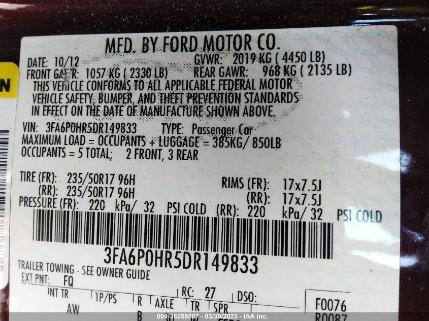 2013 FORD FUSION SE - 3FA6P0HR5DR149833