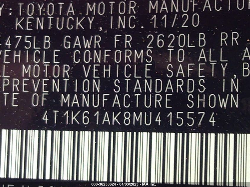 2021 TOYOTA CAMRY XSE - 4T1K61AK8MU415574