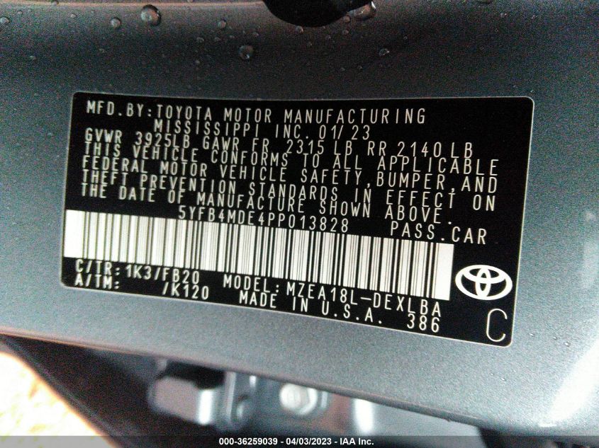 2023 TOYOTA COROLLA LE - 5YFB4MDE4PP013828