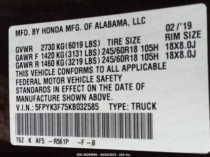 2019 HONDA RIDGELINE RTL-E - 5FPYK3F75KB032585