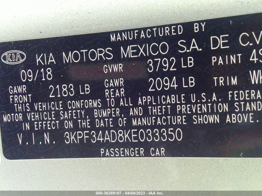 2019 KIA FORTE S - 3KPF34AD8KE033350