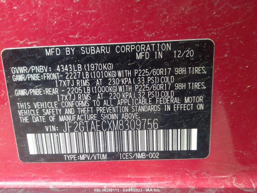 VIN JF2GTAECXM8309756 2021 SUBARU CROSSTREK PREMIUM