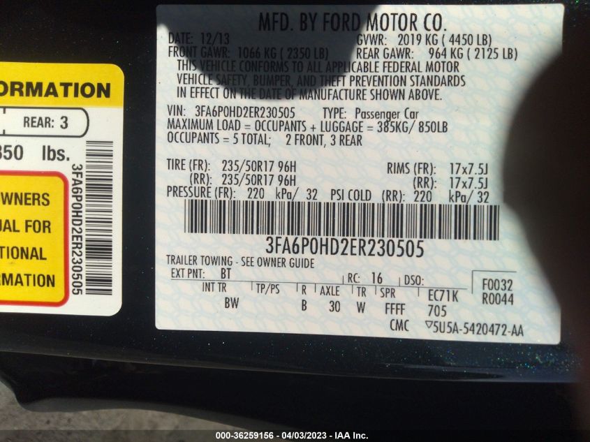 2014 FORD FUSION SE - 3FA6P0HD2ER230505