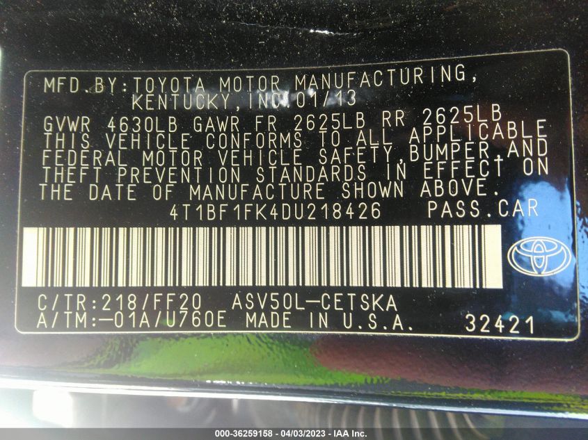 2013 TOYOTA CAMRY L/LE/SE/XLE - 4T1BF1FK4DU218426